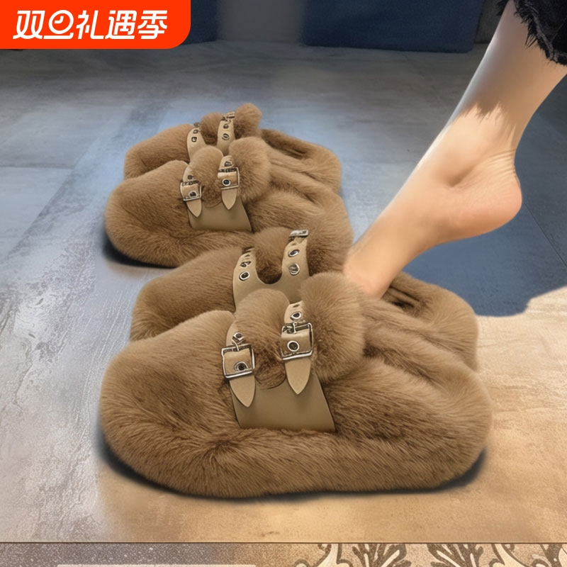 【兔毛绒】厚底毛毛拖鞋女2025新款秋冬加绒保暖舒适软底孕妇棉拖