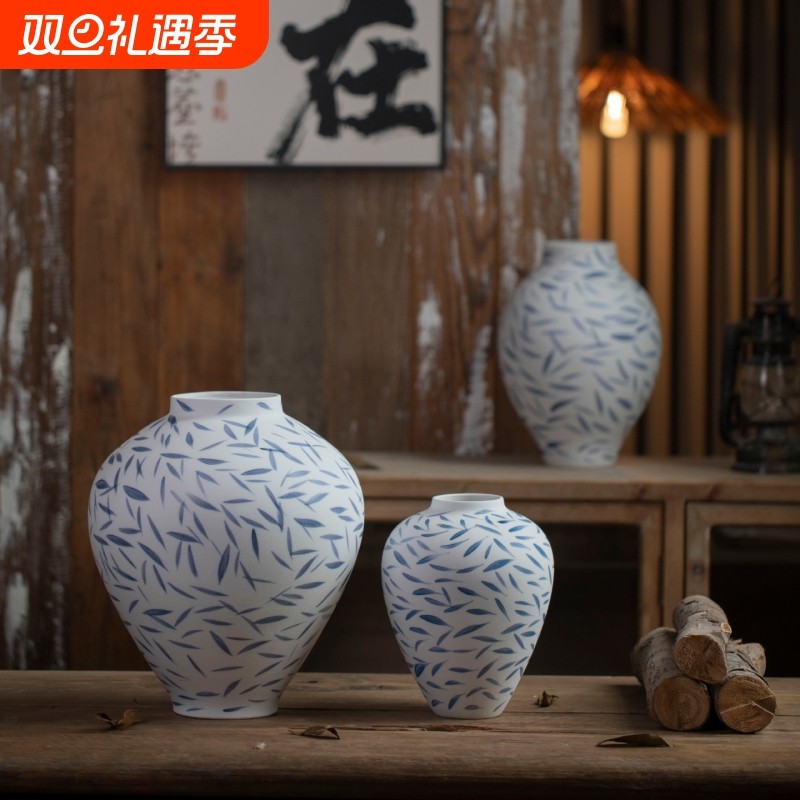 景德镇新中式复古手绘陶瓷花瓶蓝白水培花器客厅玄关桌面装饰摆件