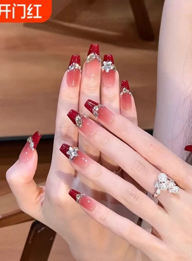 10片新年富家千金法式显白爆闪美甲穿戴甲碎钻黑皮酒红蝴蝶结蕾丝