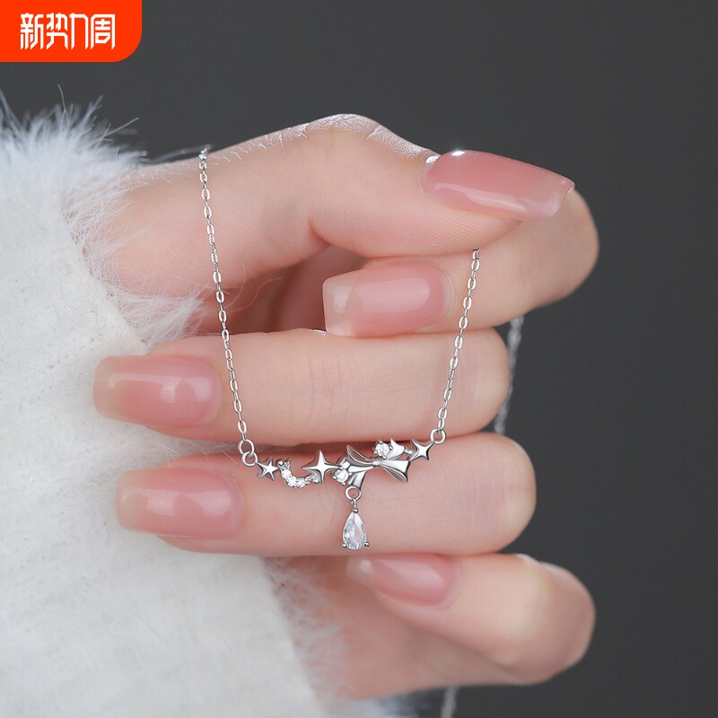 S999足银星月蝴蝶结项链甜美少女心吊坠仙女气质精美锁骨链送女友
