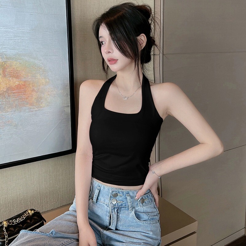 黑色挂脖吊带背心女夏外穿美背带胸垫文胸一体式内搭打底抹胸上衣