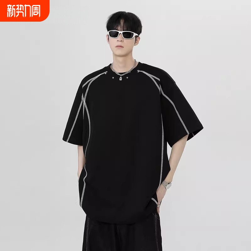 解构拼接短袖t恤男夏季新款美式高街重磅青少年宽松休闲半袖体恤