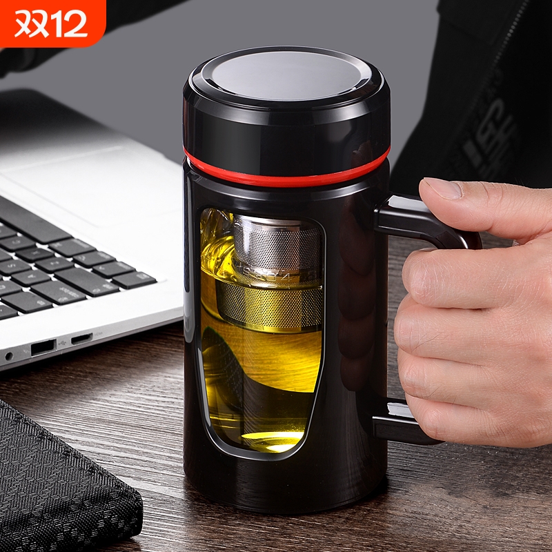 高硼硅双层玻璃杯水杯防摔男带把手办公室泡茶杯带盖大容量家用