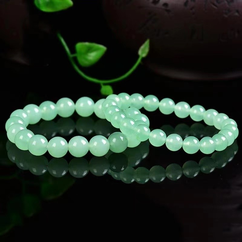 翡翠冰种晴水色玉髓苹果绿水晶手链石英岩淡绿圆珠串珠链编织