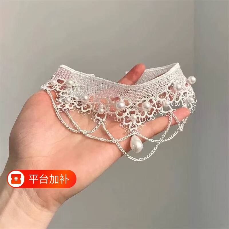 高级感蕾丝仿珍珠流苏项链欧美轻奢锁骨链lolita颈饰choker颈链