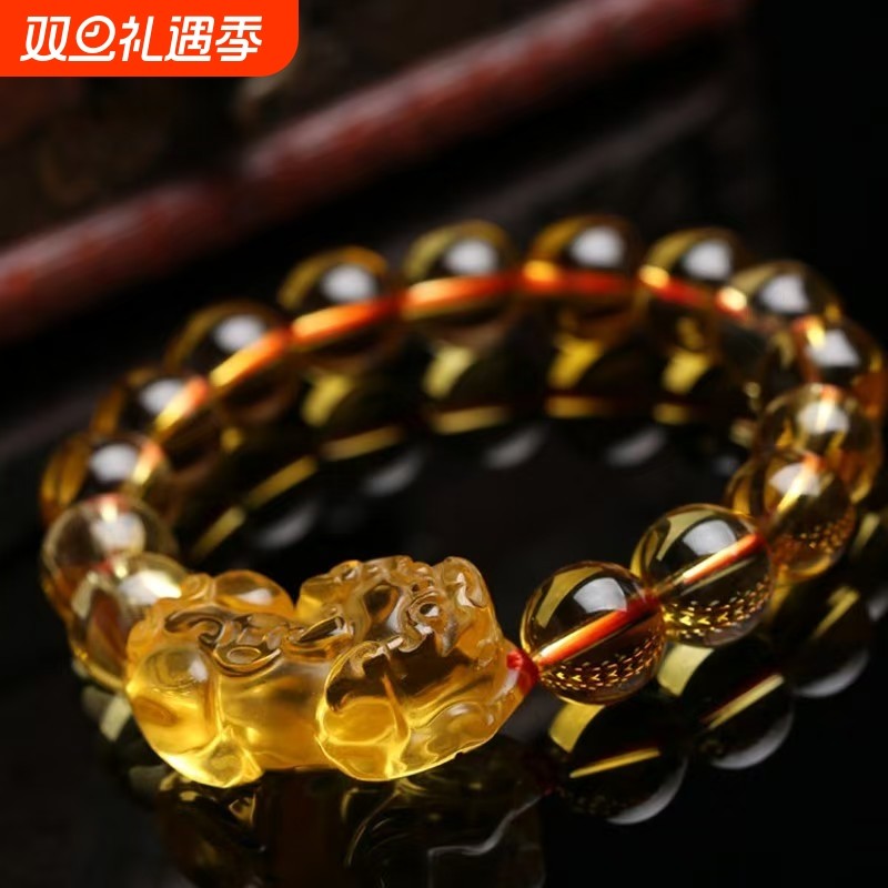 爆款仿黄水晶手链招财貔貅男女手串情侣款圆珠饰品时尚本命年礼