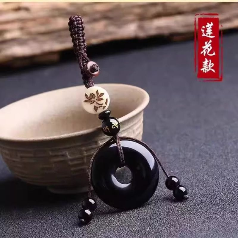 天然黑曜石平安扣项链男女款简约钥匙扣手机挂件配饰百搭挂件饰品