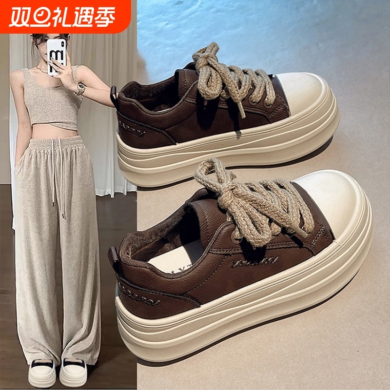 厚底松糕板鞋女2025秋冬季新款小个子增高女鞋配阔腿裤的鞋子加绒