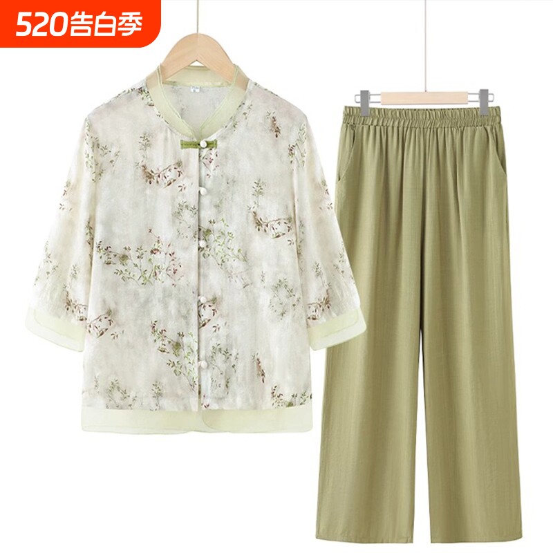 2025新款妈妈春夏装套装中老年人中袖衬衫女奶奶雪纺老人夏季衣服