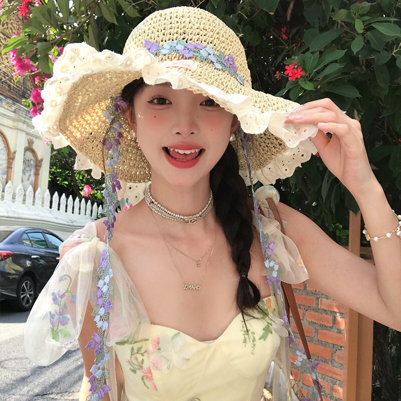 甜美碎花渔夫帽子女大帽檐防晒遮阳沙滩度假草帽蕾丝花边编织大檐