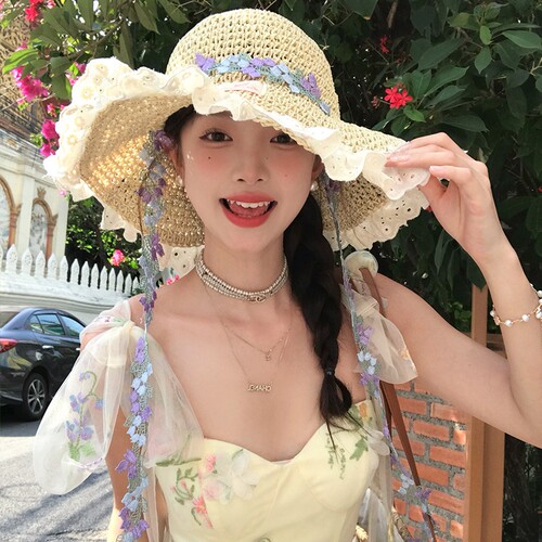 蕾丝花边编织草帽女夏季海边这样