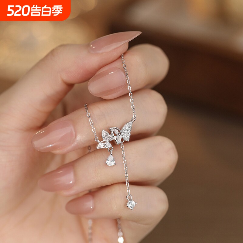S925银蝴蝶流苏项链女小众设计感ins风锁骨链项饰送女友礼物