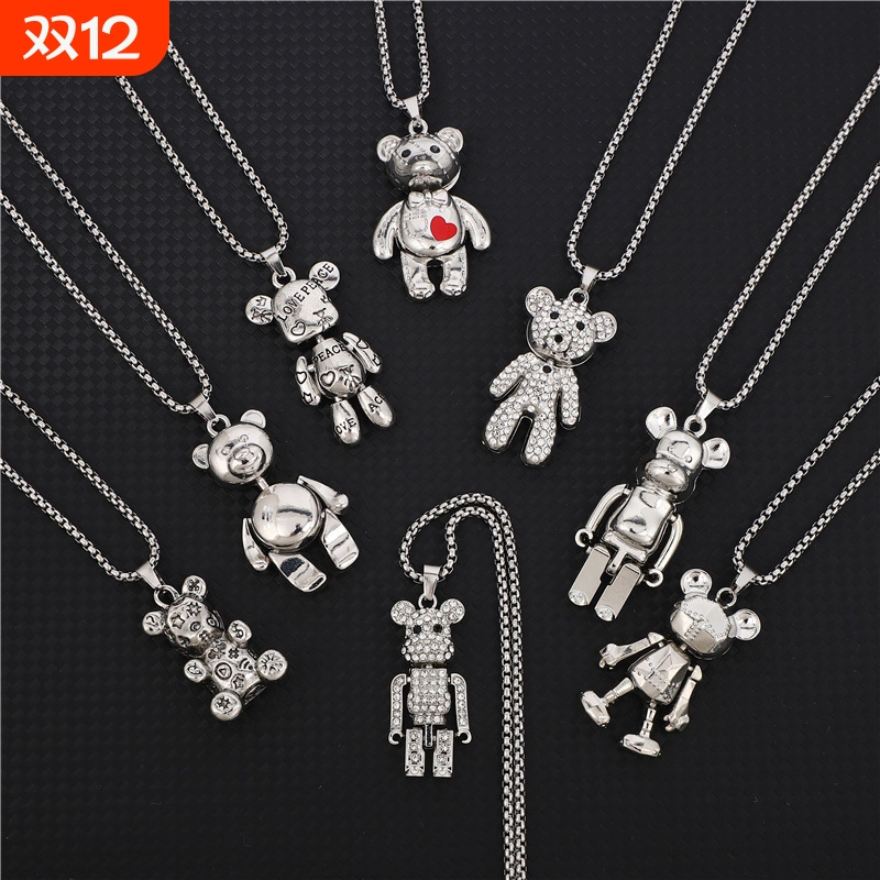 潮酷嘻哈长款钛钢项链男嘻哈小众 ins 潮小熊吊坠小众立体熊镶砖