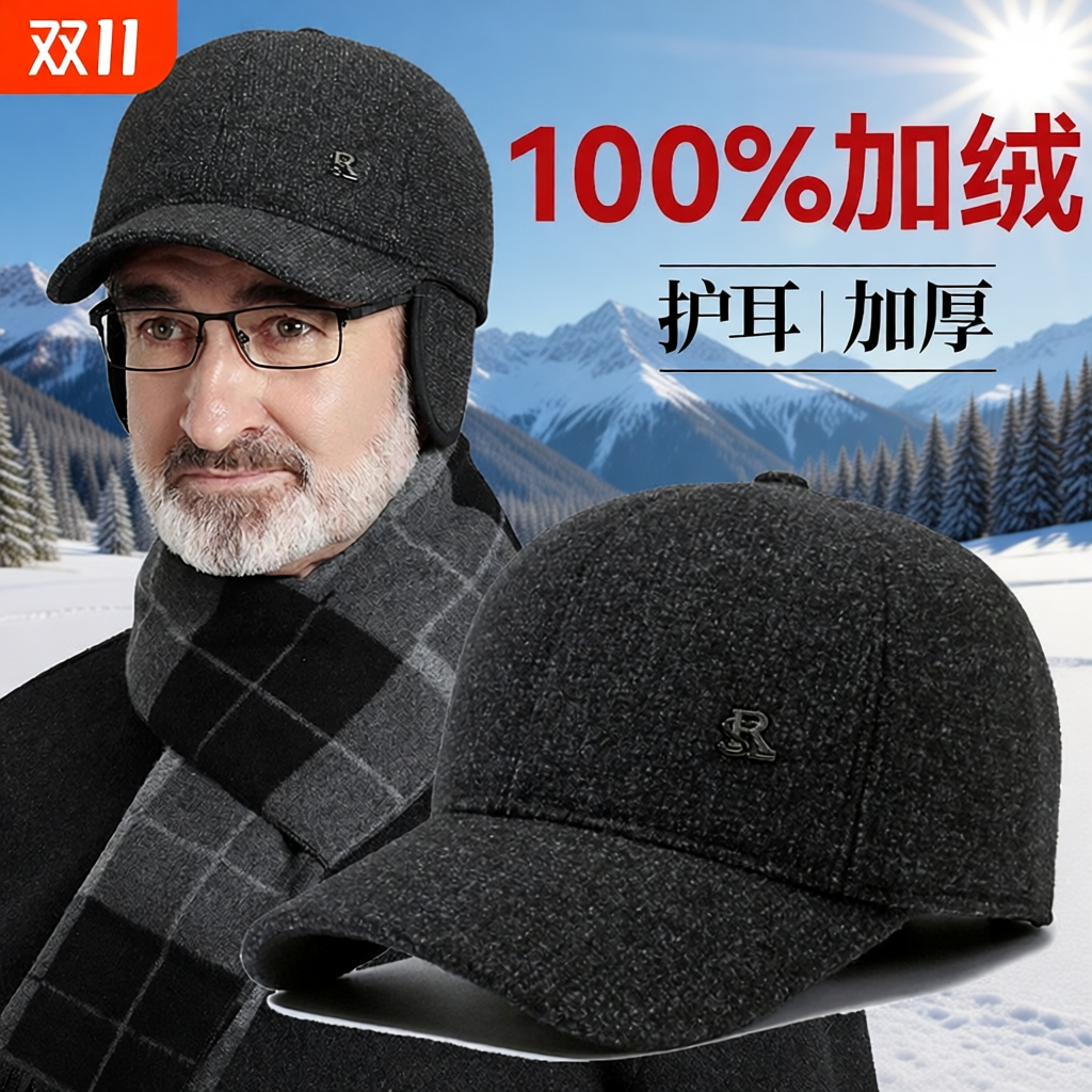 中老年人爸爸前进帽老人帽子男士冬季老头加绒鸭舌帽保暖护耳防寒