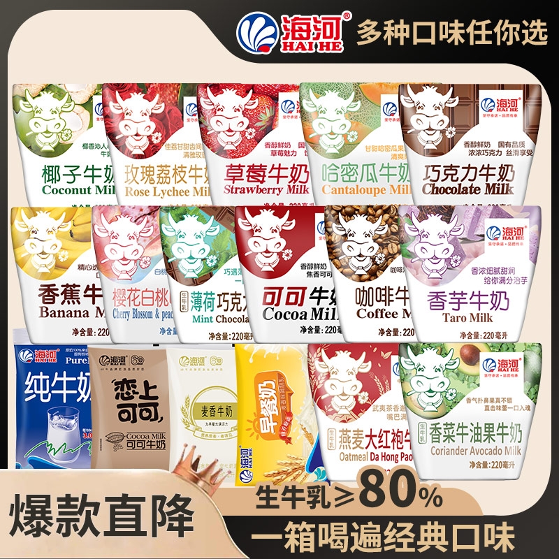海河牛奶18种口味10袋可可巧克力草莓椰子味儿童学生早餐奶风味奶