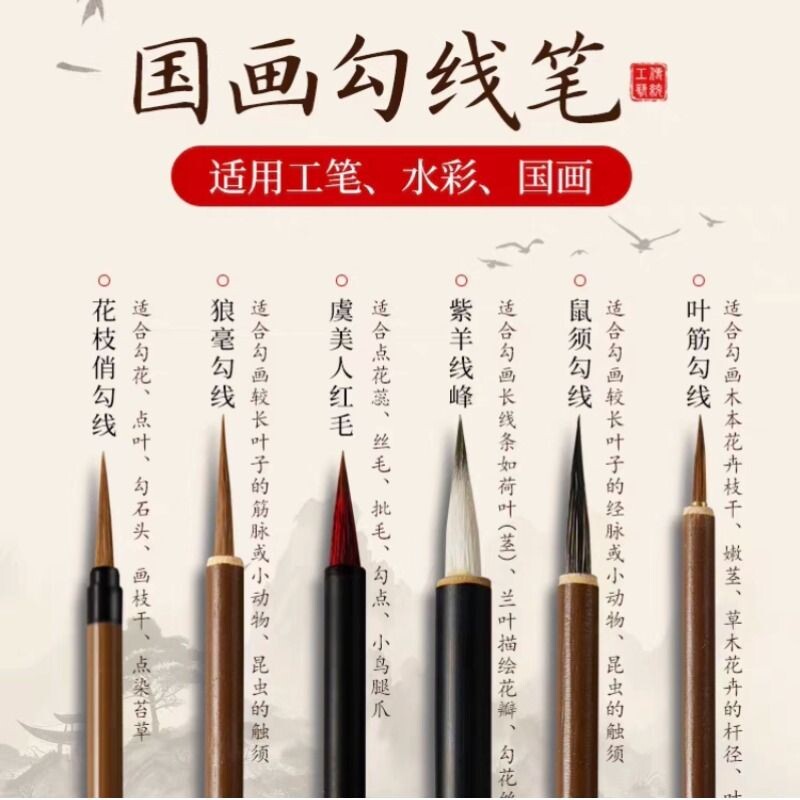 小叶筋笔勾线笔国画专用衣纹笔叶茎笔狼毫毛笔书法美术学生液晶花枝俏勾筋工笔画笔大中小号白描笔水彩画鼠须图片