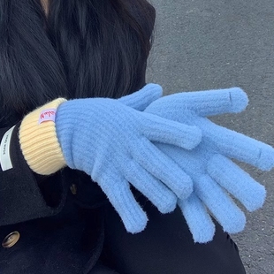 针织羊绒手套女冬季新款触屏加绒保暖加厚防寒毛线潮白色黑色大红