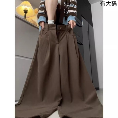 美拉德棕色灯芯绒阔腿裤女款大码秋冬加绒加厚胖mm休闲慵懒风裤子