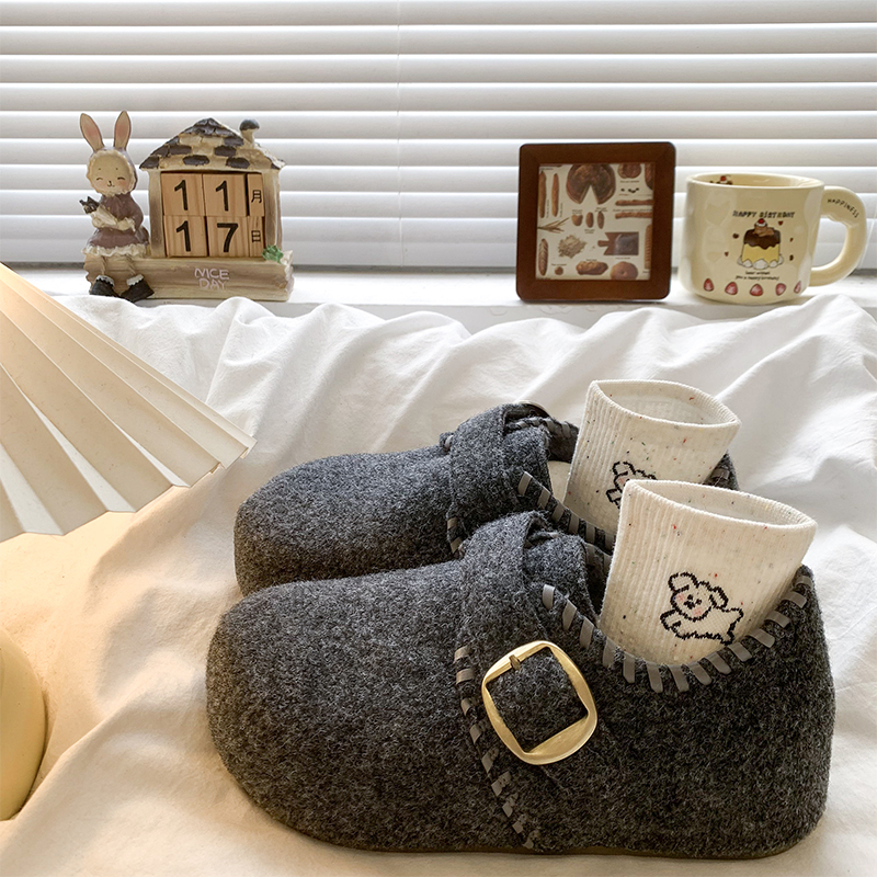 全包灰色毛毡勃肯鞋女2025秋冬新款一脚蹬懒人鞋内增高加绒雪地靴