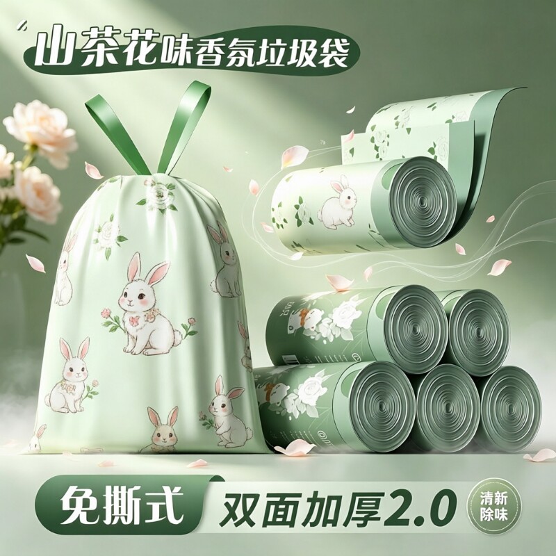 新款山茶花系加厚手提垃圾袋图片