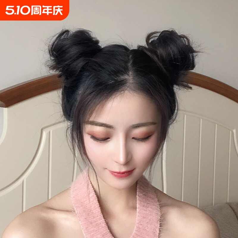 双丸子头假发圈假发女花苞头盘发器蓬松自然猫耳抓夹假发包头饰
