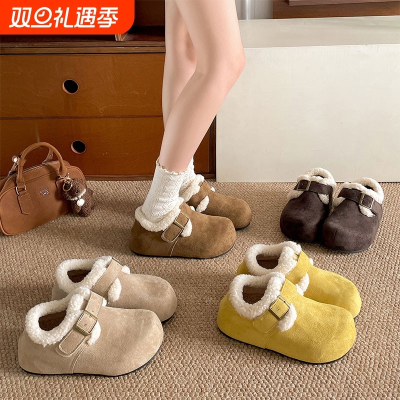 加绒加厚厚底雪地棉鞋女款2025新款冬季保暖外穿勃肯毛毛鞋子白色