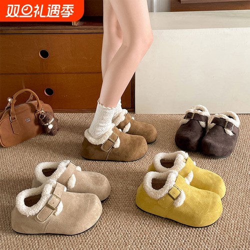 加绒加厚厚底雪地棉鞋女款2025新款冬季保暖外穿勃肯毛毛鞋子白色
