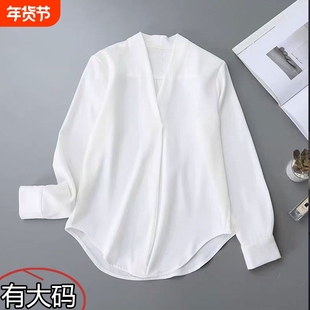 设计感小众V领白衬衫女2025新款醋酸职业大码OL气质春装雪纺上衣