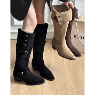 粗跟骑士靴女2025秋季 增高长靴两穿靴子卡其色尖头绒面黑色毛绒