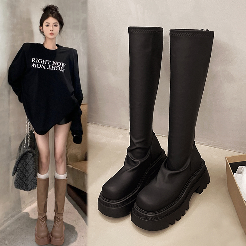 厚底长筒靴女2025秋季新款高筒堆堆靴增高瘦瘦靴辣妹骑士靴鞋子