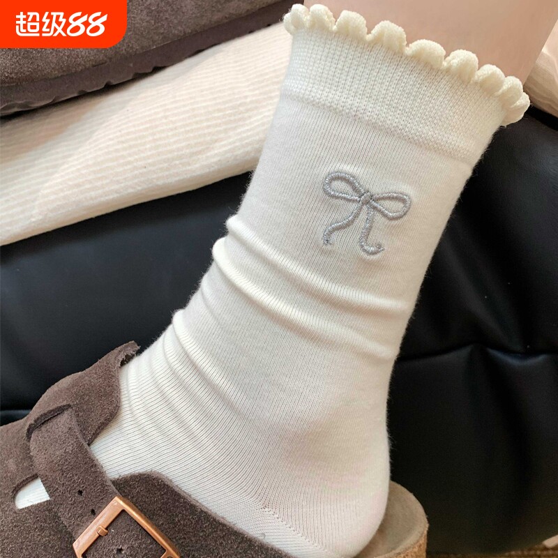 miu系灰色花边蝴蝶结纯棉袜子女春秋中筒袜韩系少女夏天堆堆长袜