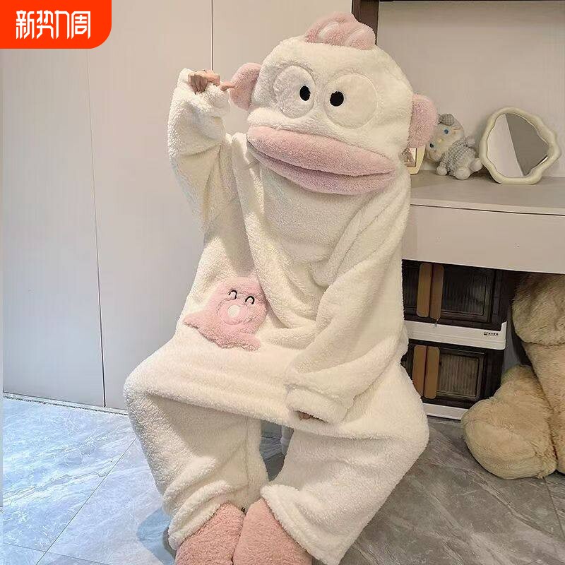 小丑鱼连体儿童睡衣女孩冬季珊瑚绒亲子加绒加厚搞怪家居服套装男