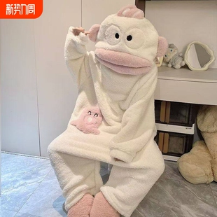 小丑鱼连体儿童睡衣女孩冬季珊瑚绒亲子加绒加厚搞怪家居服套装男