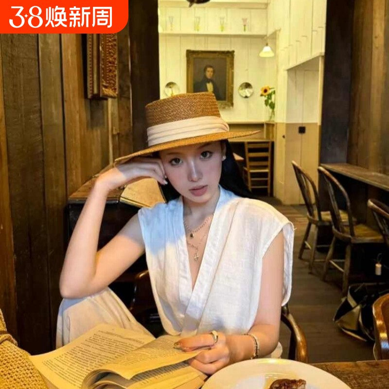 老钱风复古平顶草帽女夏沙滩海边度假防晒帽子英伦风草编遮阳礼帽