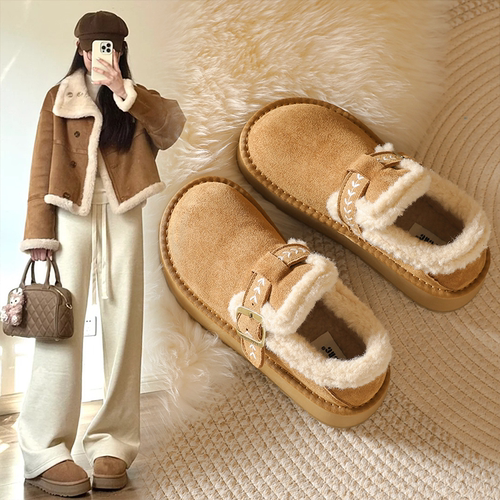 厚底加绒勃肯鞋女鞋子2025新款冬季乐福鞋保暖雪地靴女一脚蹬棉鞋
