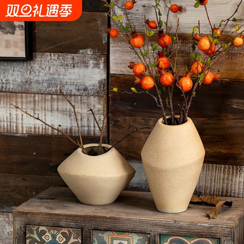 景德镇复古素胚陶瓷花瓶新中式风格家居客厅装饰摆件干花粗陶花器