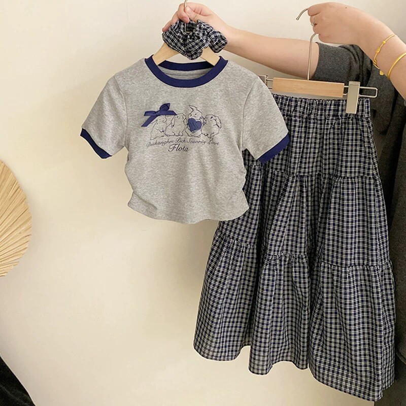 女童套装夏季2026新款儿童洋气格子半身裙小女孩休闲短袖T恤潮酷