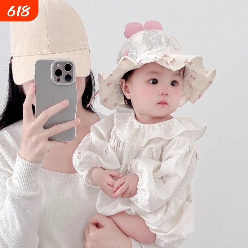 女宝宝帽子春秋薄款甜美蝴蝶结渔夫帽女童小月龄遮阳可调节盆帽夏
