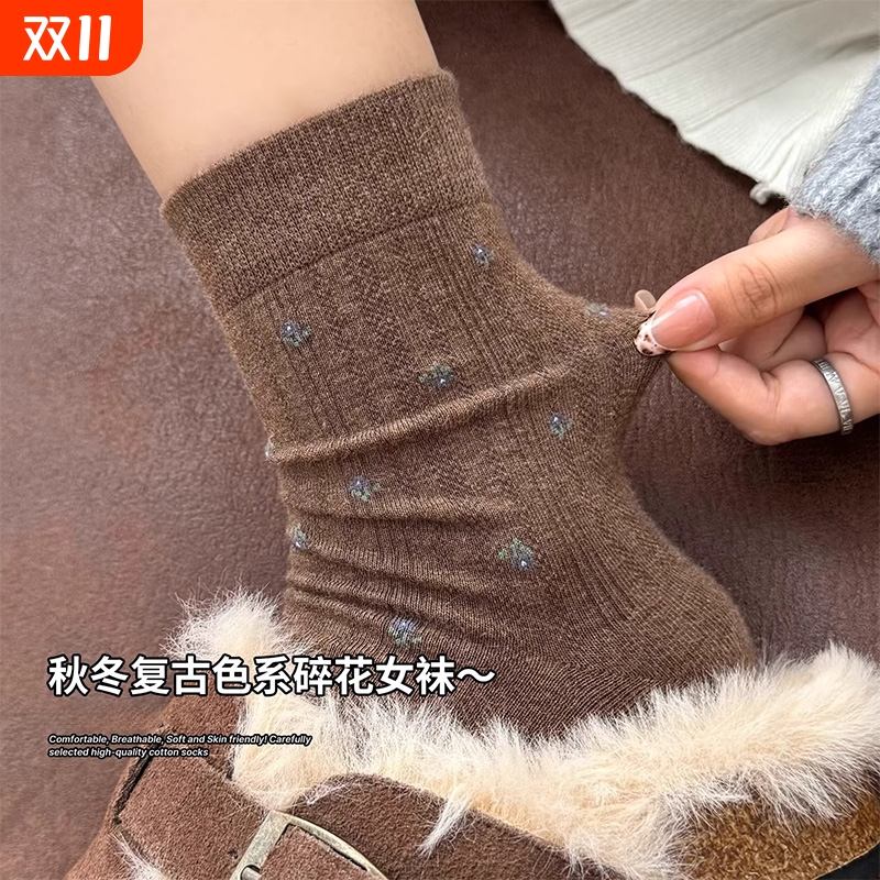 女生中筒袜ns潮日系复古碎花秋冬