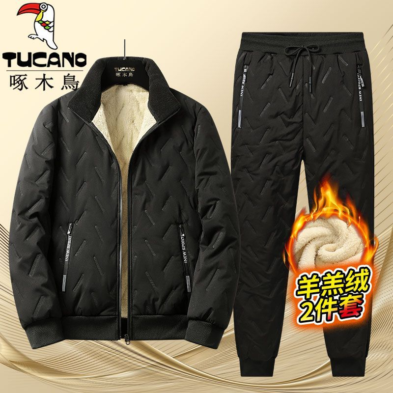啄木鸟2025冬季加绒棉衣套装棉裤羊羔绒棉袄保暖外套两件套