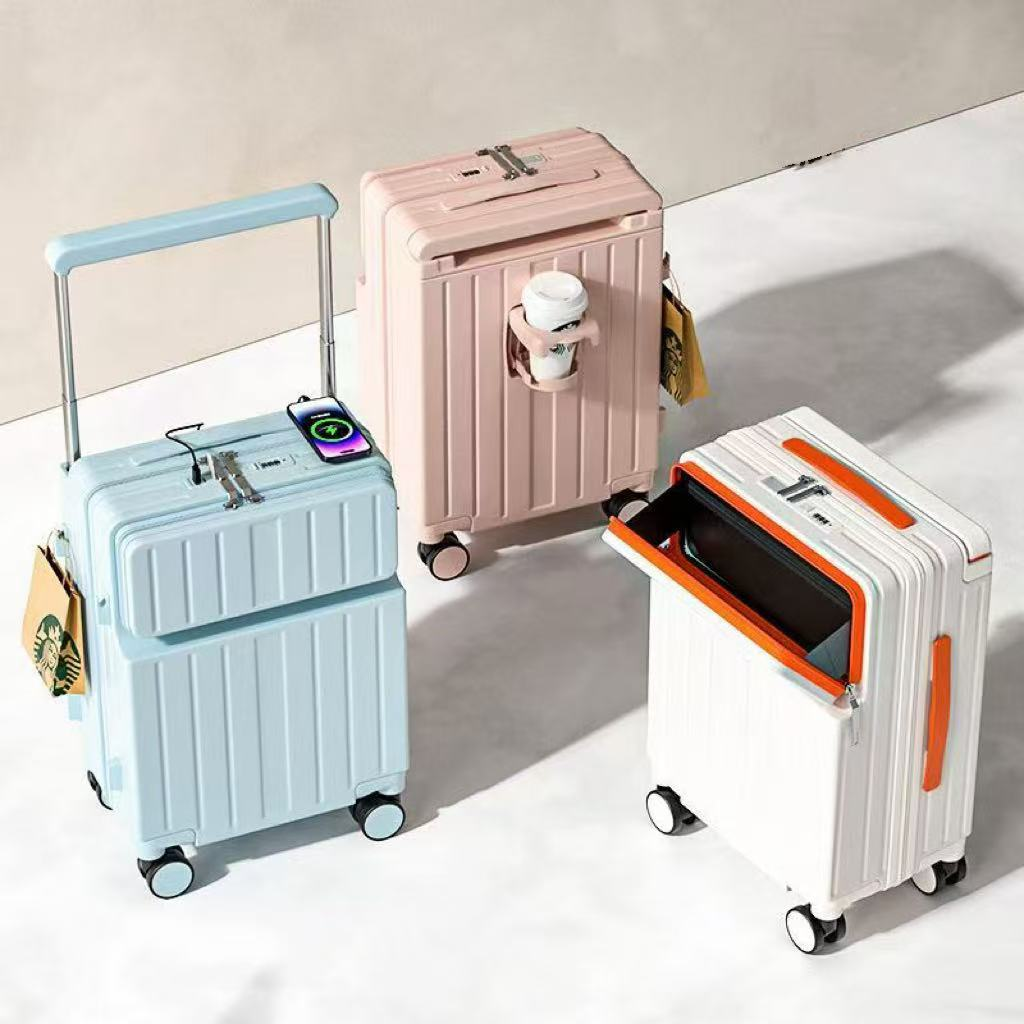 新款2025宽拉杆行李箱女20寸登机箱前开口防爆密码箱多功能旅行
