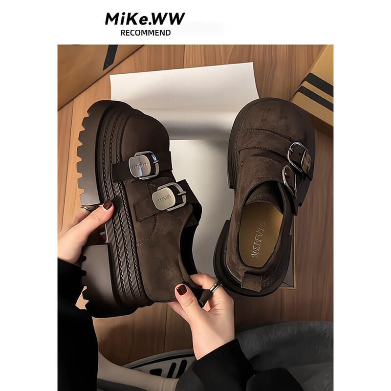 复古英伦风松糕厚底大头小皮鞋女2025春秋新款百搭棕色jk增高单