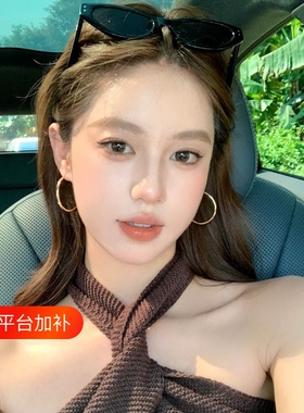 义梦金色大圆圈耳环女时髦千金感 简约高级感素圈耳夹耳饰百搭