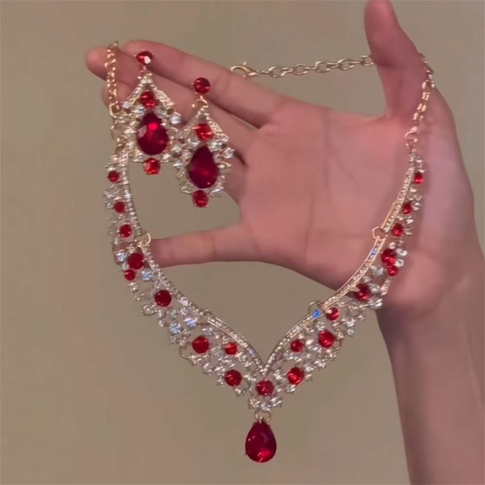 zoozmomo红色满钻锆石水滴项链耳环套装女新娘礼服宴会锁骨链