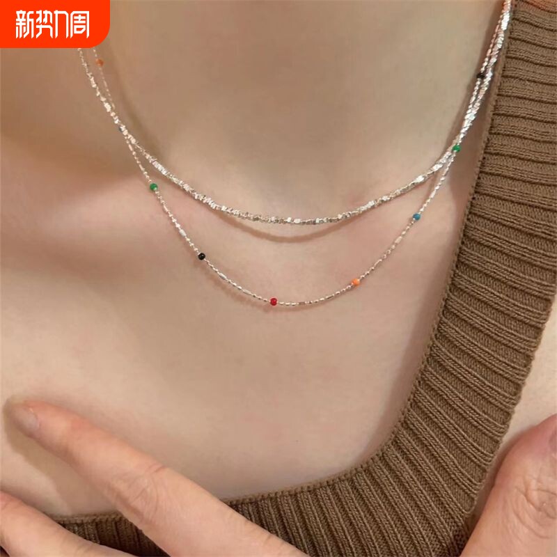 花雾意境彩色小豆子串珠项链双层叠戴碎银可调节仙女锁骨链可爱