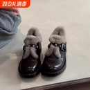 时尚英伦风粗跟加绒毛毛小皮鞋女2025秋冬新款百搭棕色小个子单鞋