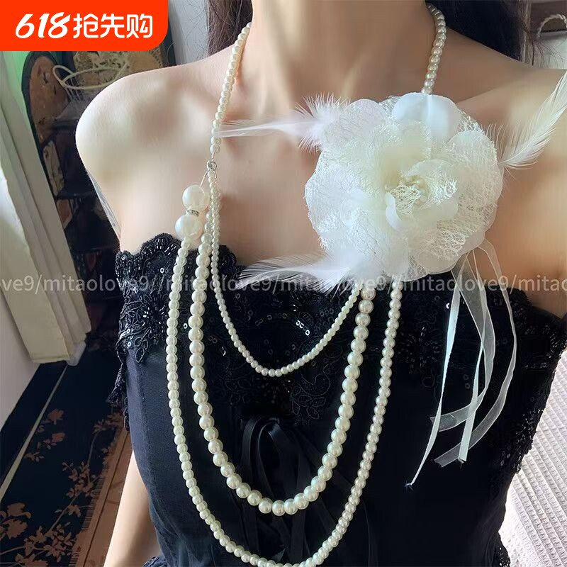 vintage花朵项链古早氛围感多层温柔蕾丝花仿珍珠锁骨链亚文化