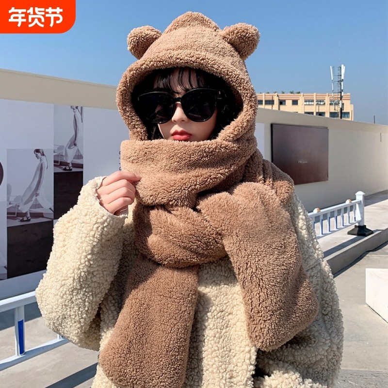 小熊帽子毛绒围巾女冬季可爱冬天手套三件套连帽一体围脖保暖口罩