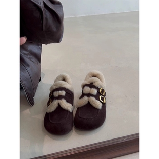 2025秋冬新款全包复古圆头加绒保暖毛毛加厚底内增高豆豆勃肯鞋女