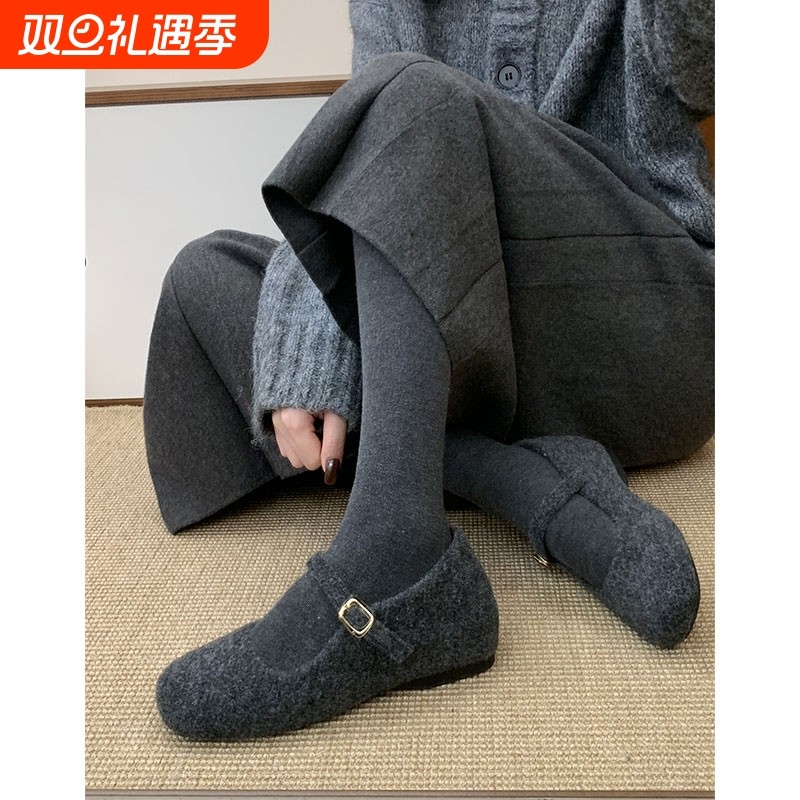 内增高玛丽珍毛毛鞋女冬外穿新款韩版灰色呢子单鞋女厚底加绒棉鞋